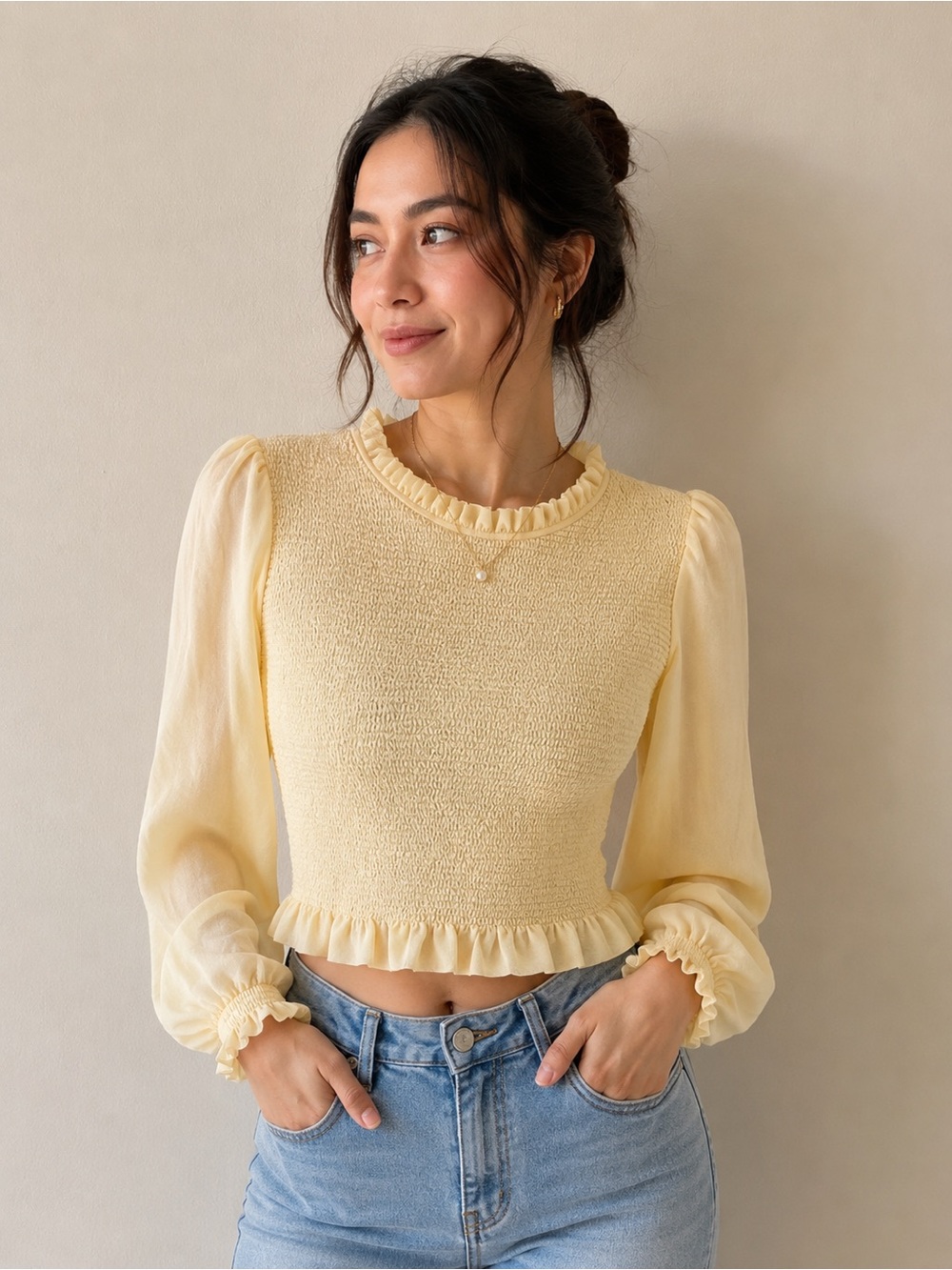 Wilfred Pale Yellow Ruffled Smocked Crop Top